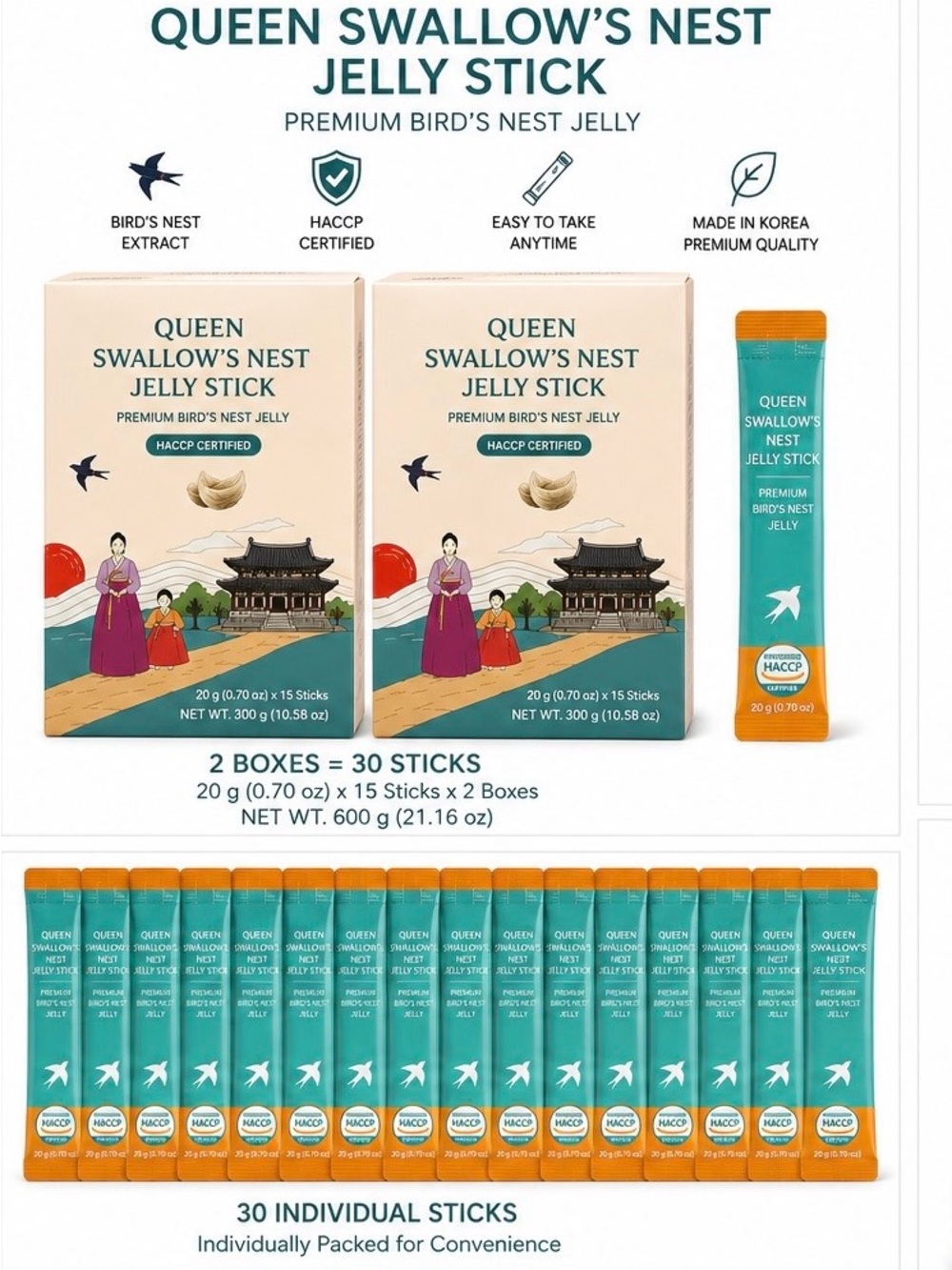 Queen Swallow’s Nest Jelly Stick 30 Sticks (2 Boxes) Green Grape Flavor 600g